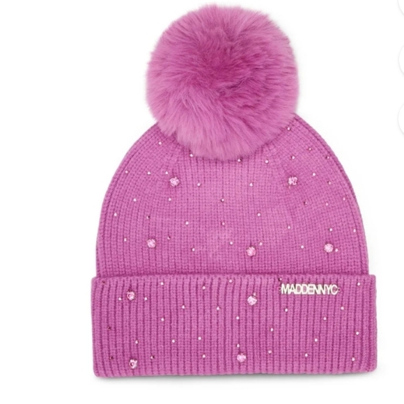 MADDEN NYC 2 PIECE PINK POM RHINESTONE HAT AND FRINGED SCARF SET - Picture 8 of 9